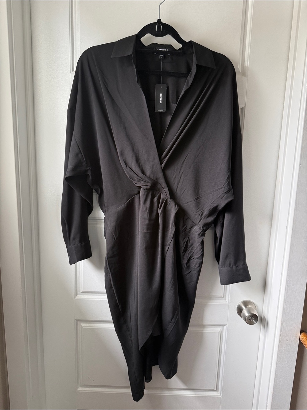Express Black Long-Sleeve Wrap Shirtdress